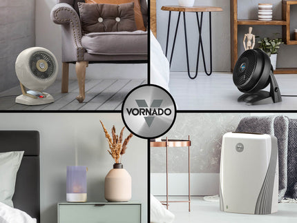 Lifestyle images of a Vornado Heater, Fan, Humidifier, and Purifier.