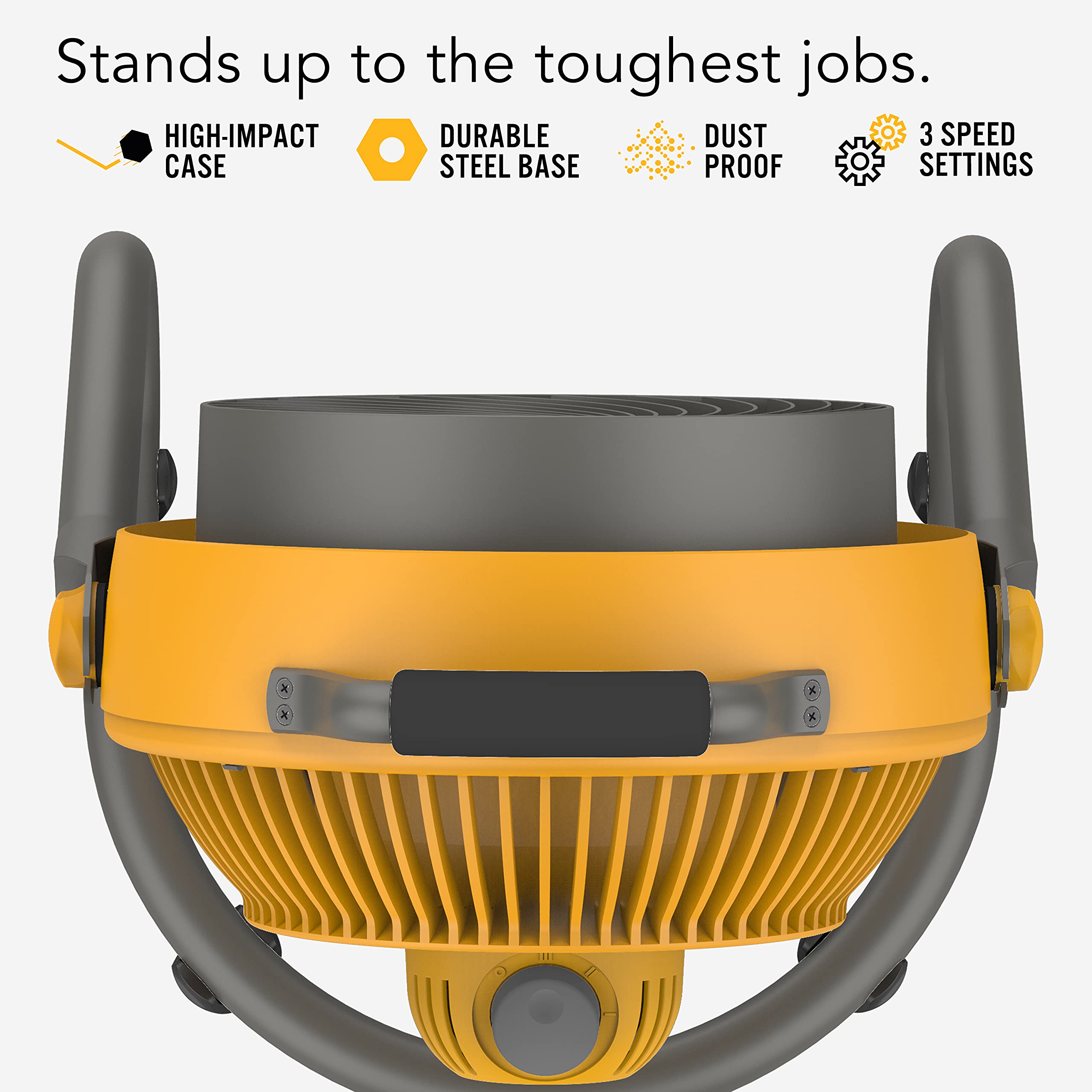 Yellow and gray industrial fan with features listed on a white background
