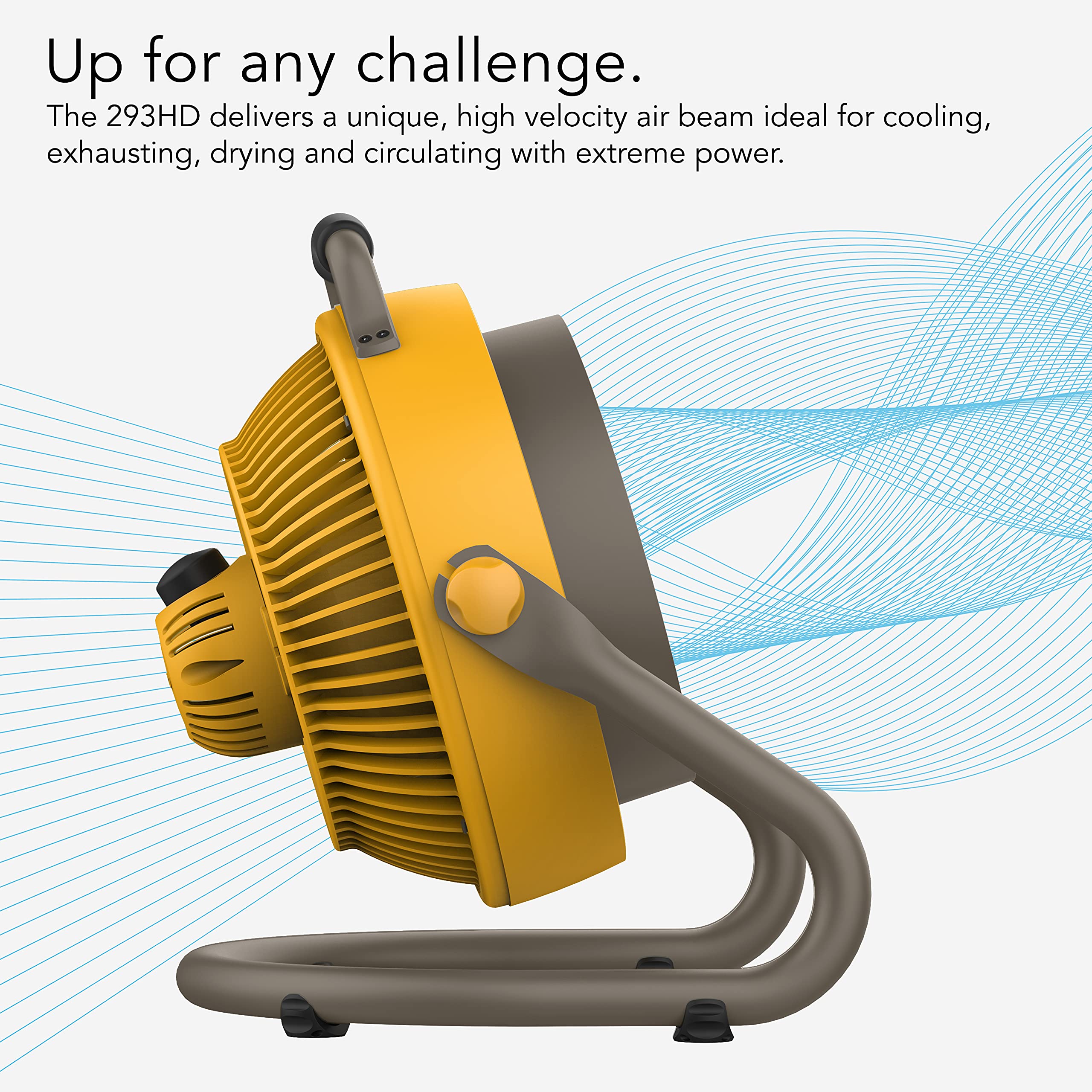 Yellow and gray air blower with text about its capabilities on a light blue background