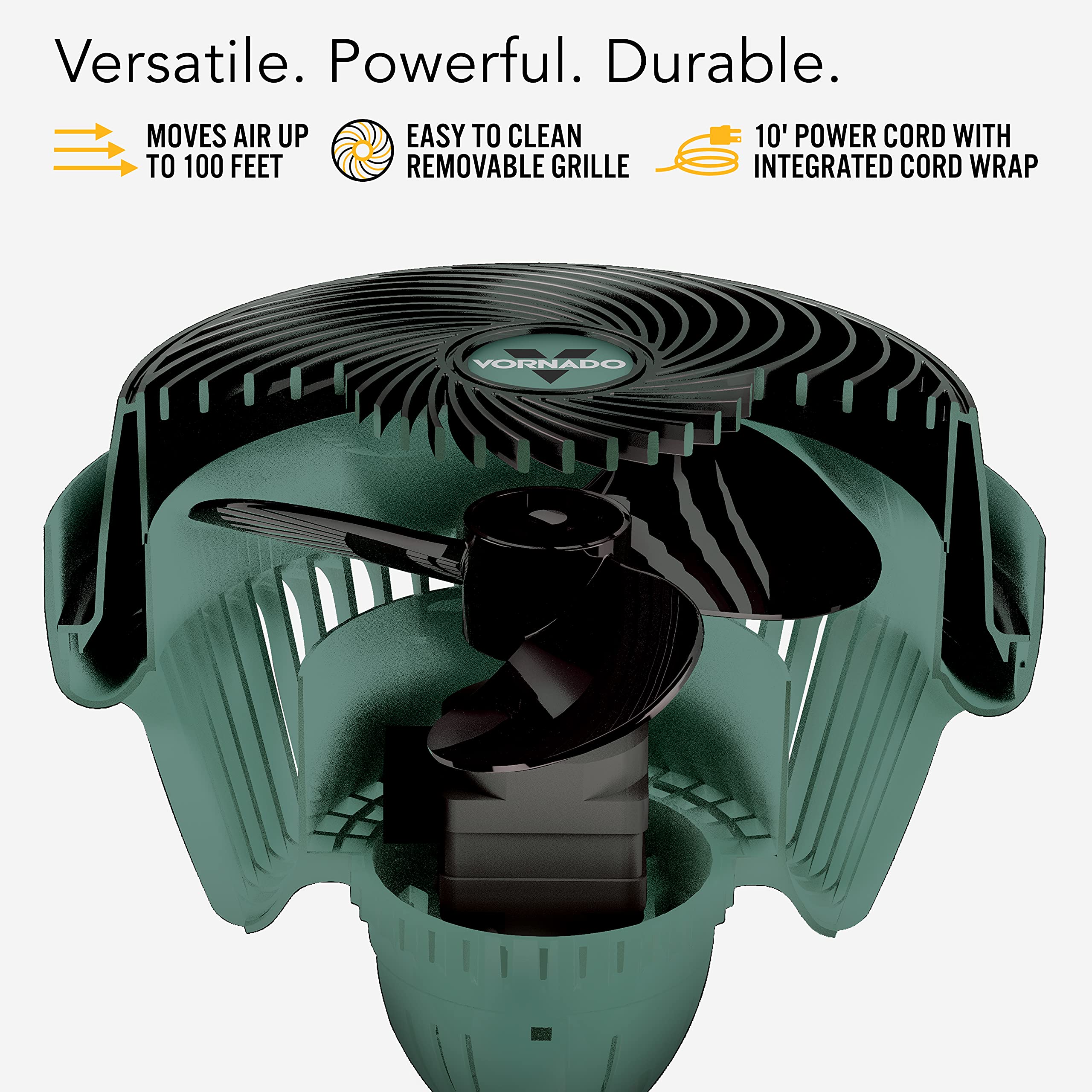 Green and black fan with features listed above it on a white background