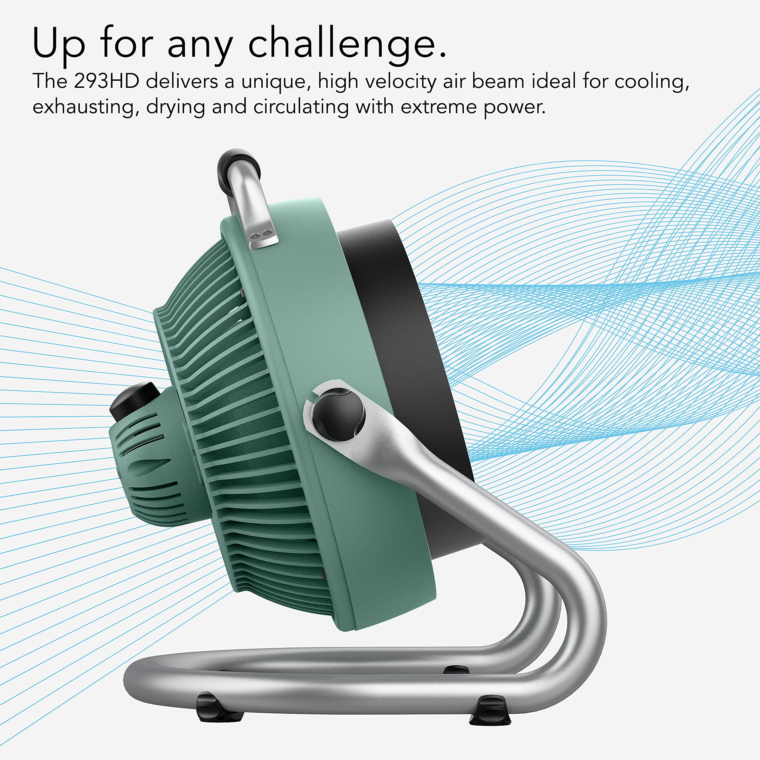 Green air blower with text about its capabilities on a white background