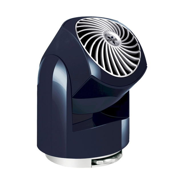 Portable fan with blue casing and white interior on a white background