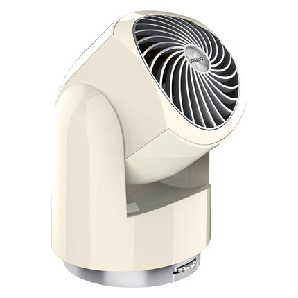 Portable fan with a white body and black blades on a white background