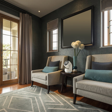 Living room with two armchairs, a coffee table, and decorative elements. A white portable fan is present on an end table