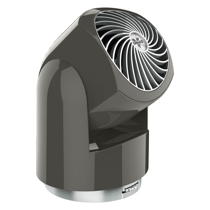 Gray portable fan with visible brand logo on a white background
