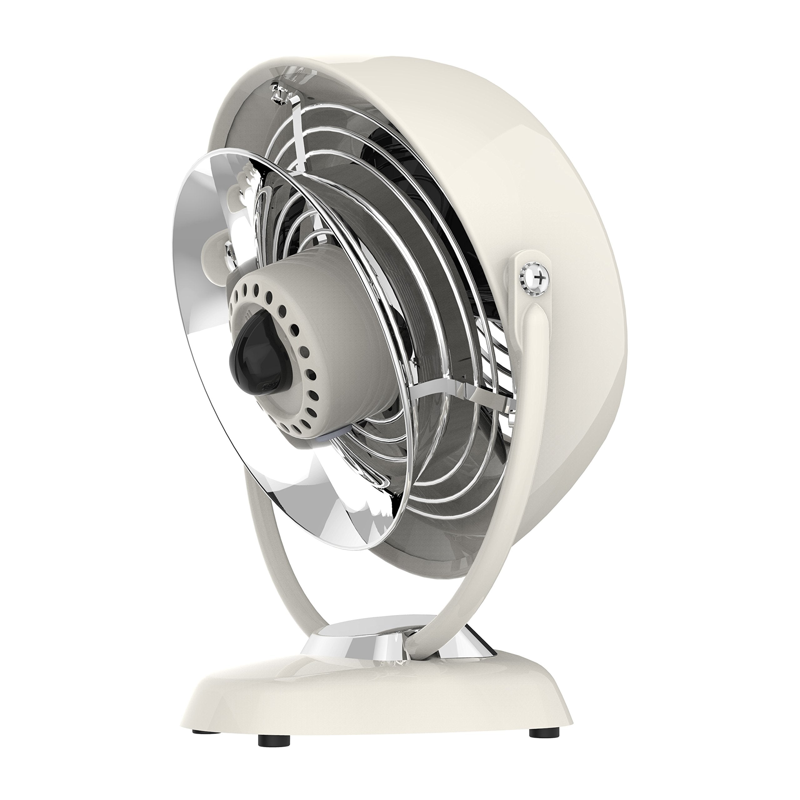 Vintage-style desk fan with white casing and chrome accents on a white background
