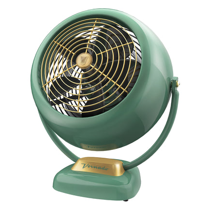 Green vintage-style fan with gold accents on a white background