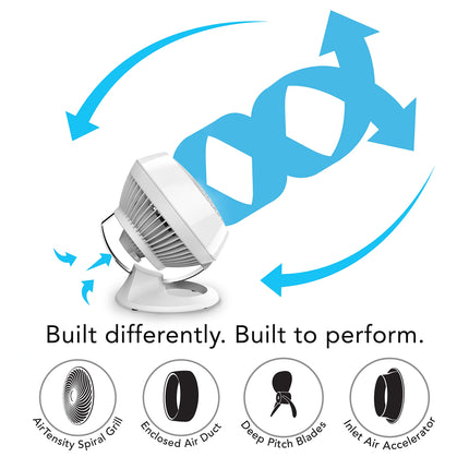 White fan with blue arrows indicating airflow on a white background, featuring text 'Built differently. Built to perform.'