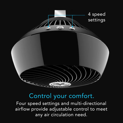 Black fan with speed settings labeled on a black background