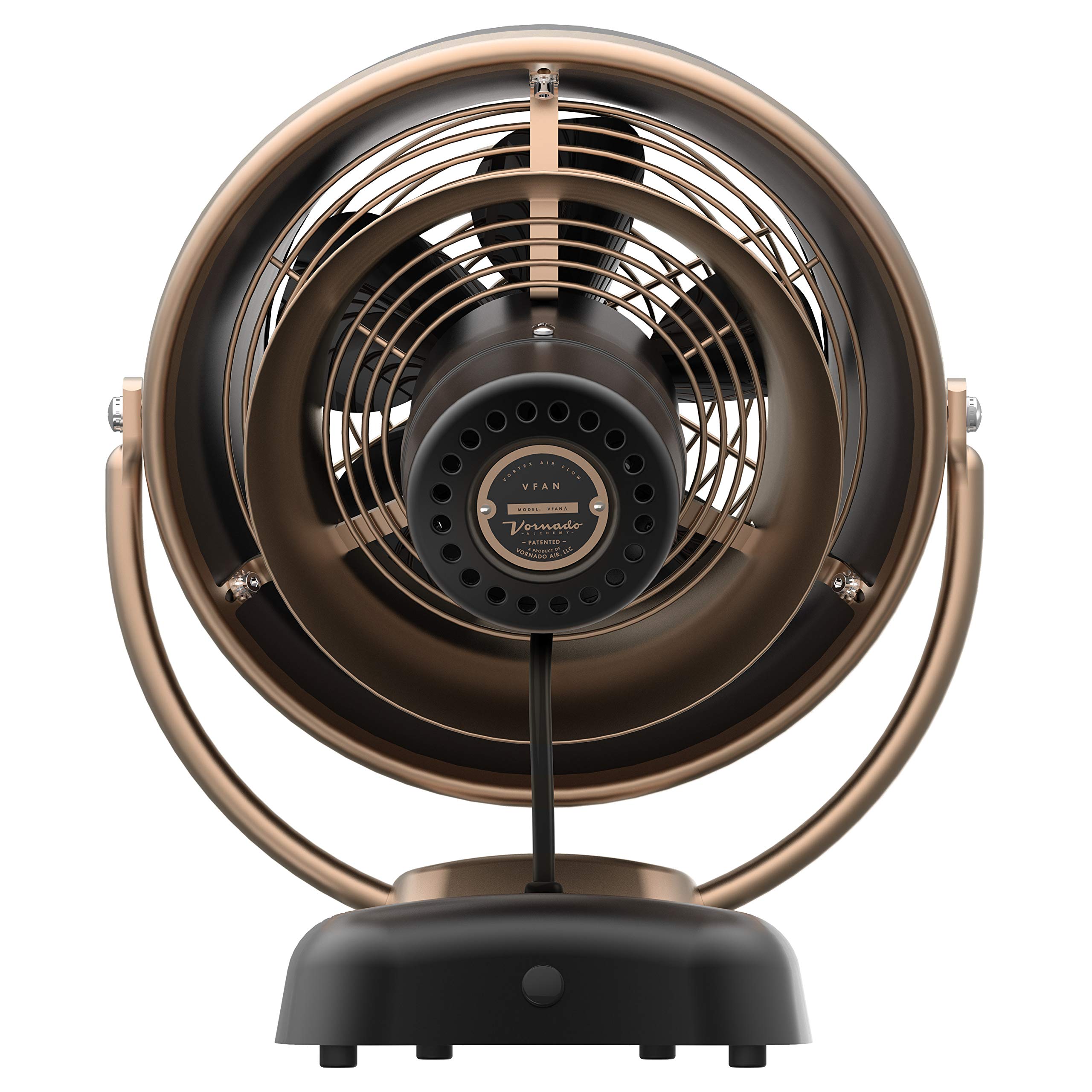 Vintage-style desk fan with bronze and black design on a white background