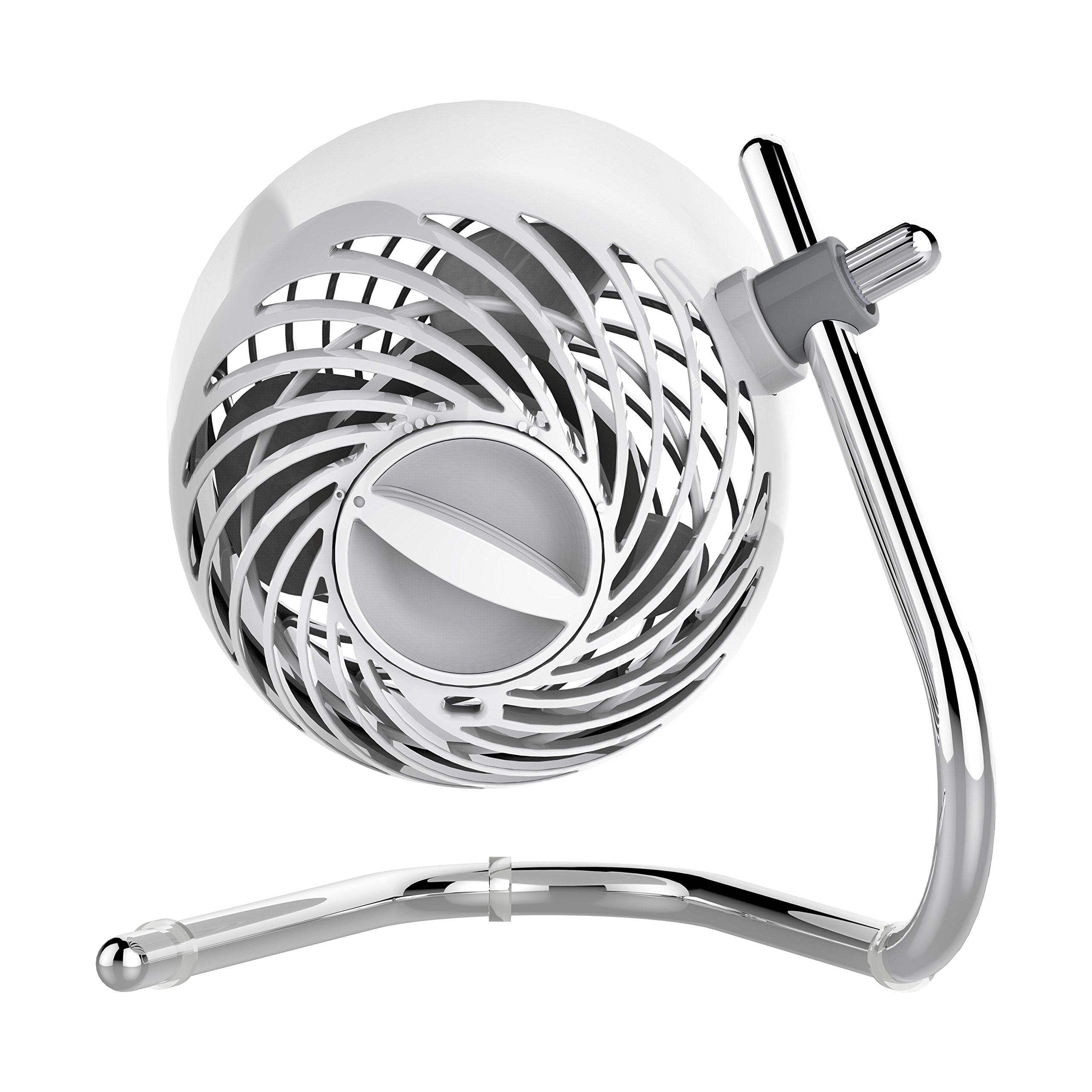 Silver and white fan with a flexible hose on a white background