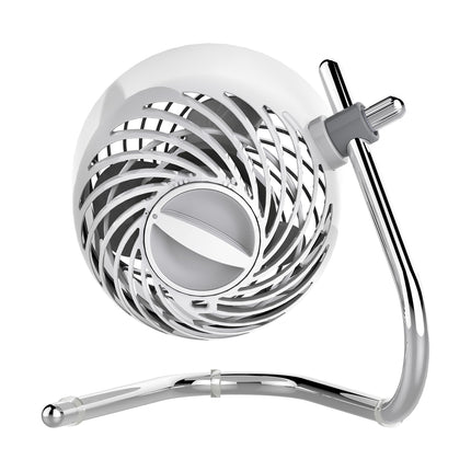 Silver and white fan with a flexible hose on a white background