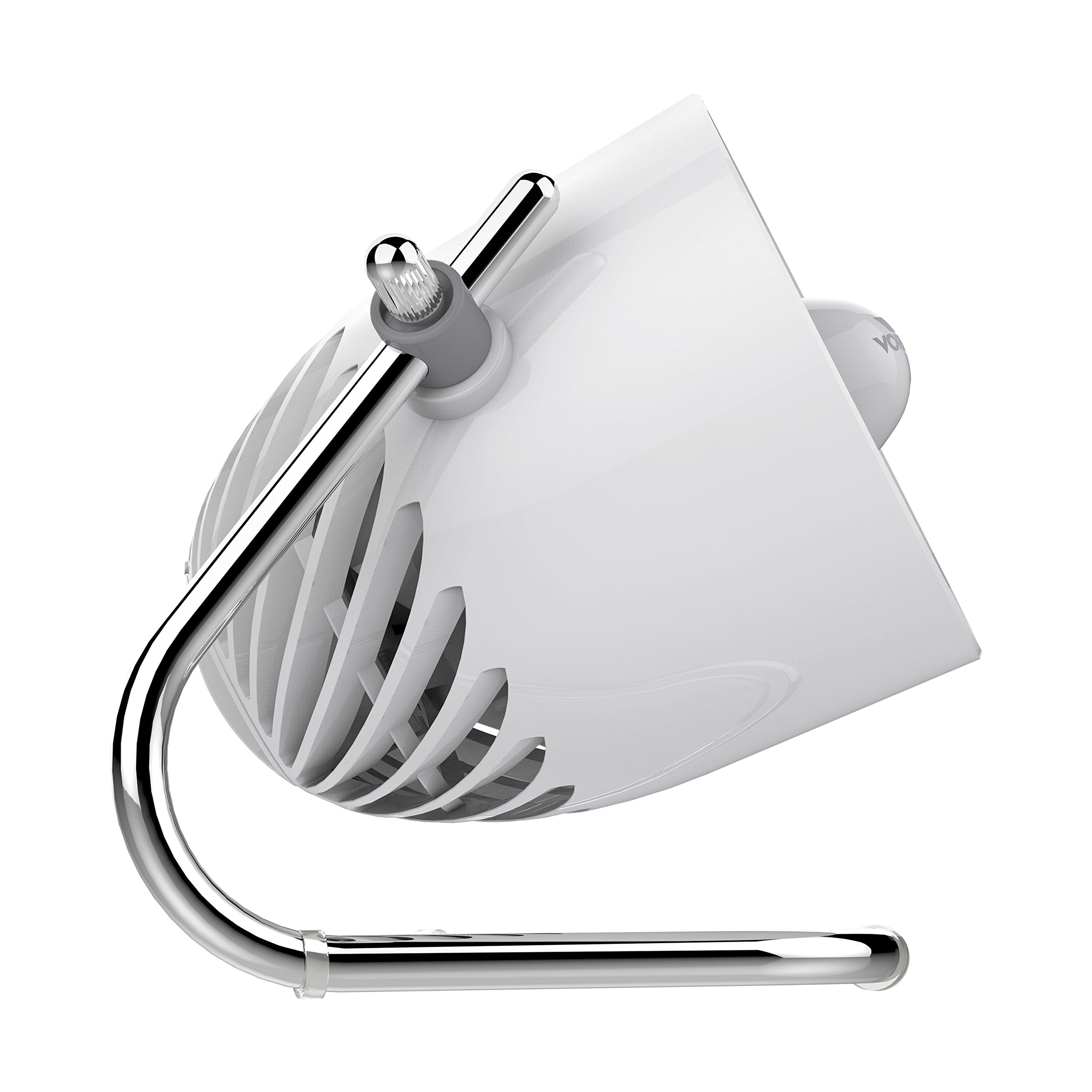 White fan with a chrome stand on a white background