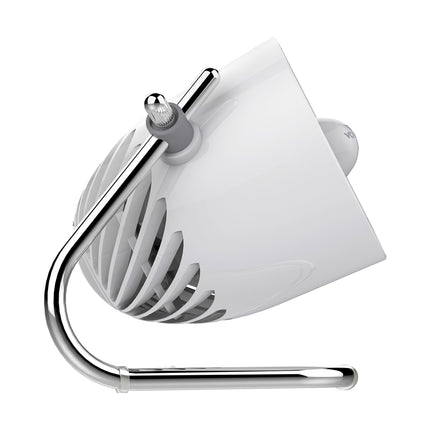 White fan with a chrome stand on a white background