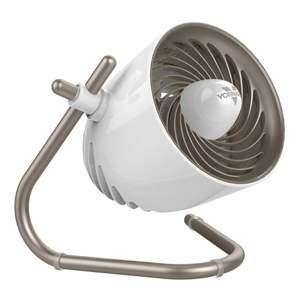 Desk fan with a white body on a white background