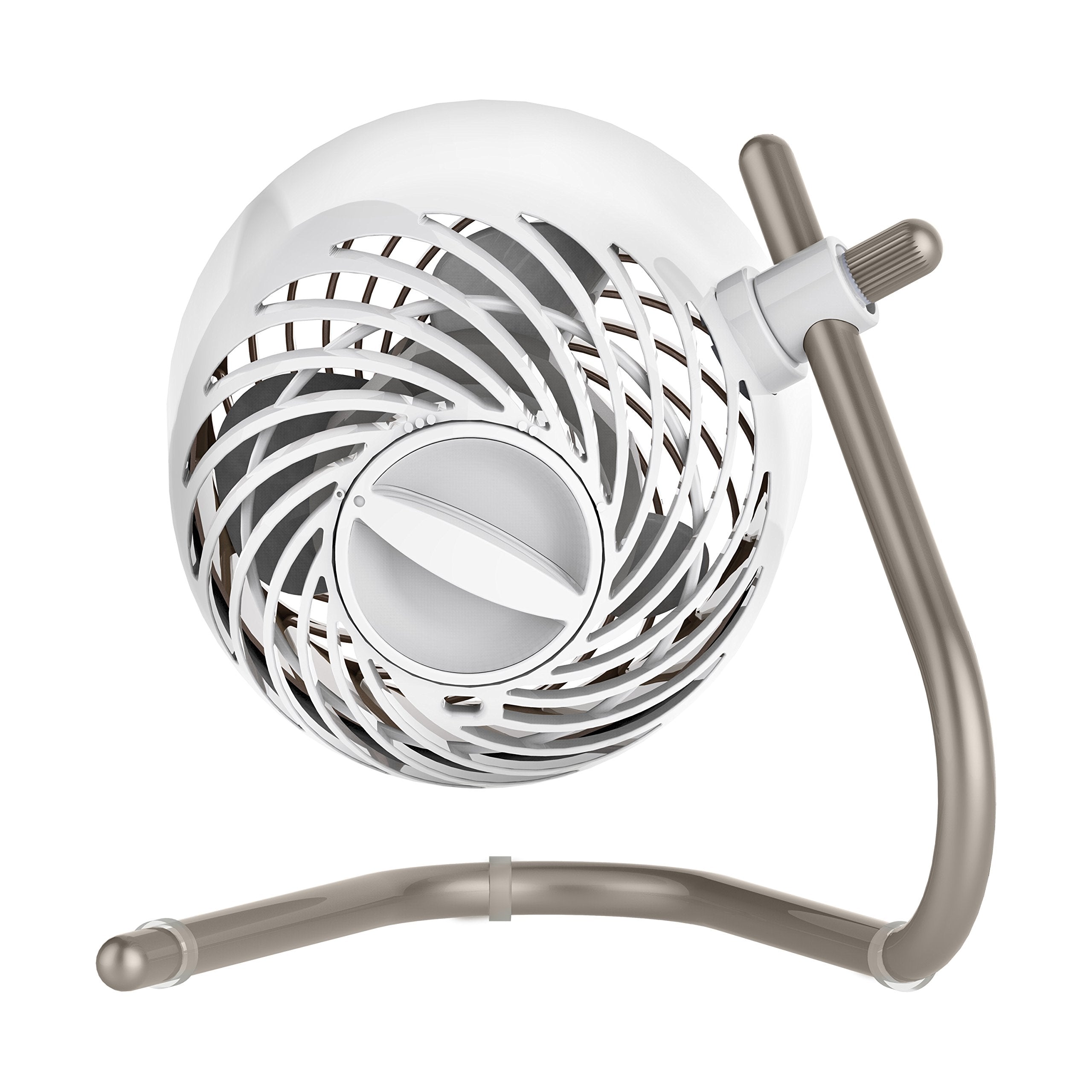 Portable fan with a chrome base on a white background