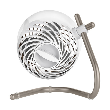 Portable fan with a chrome base on a white background