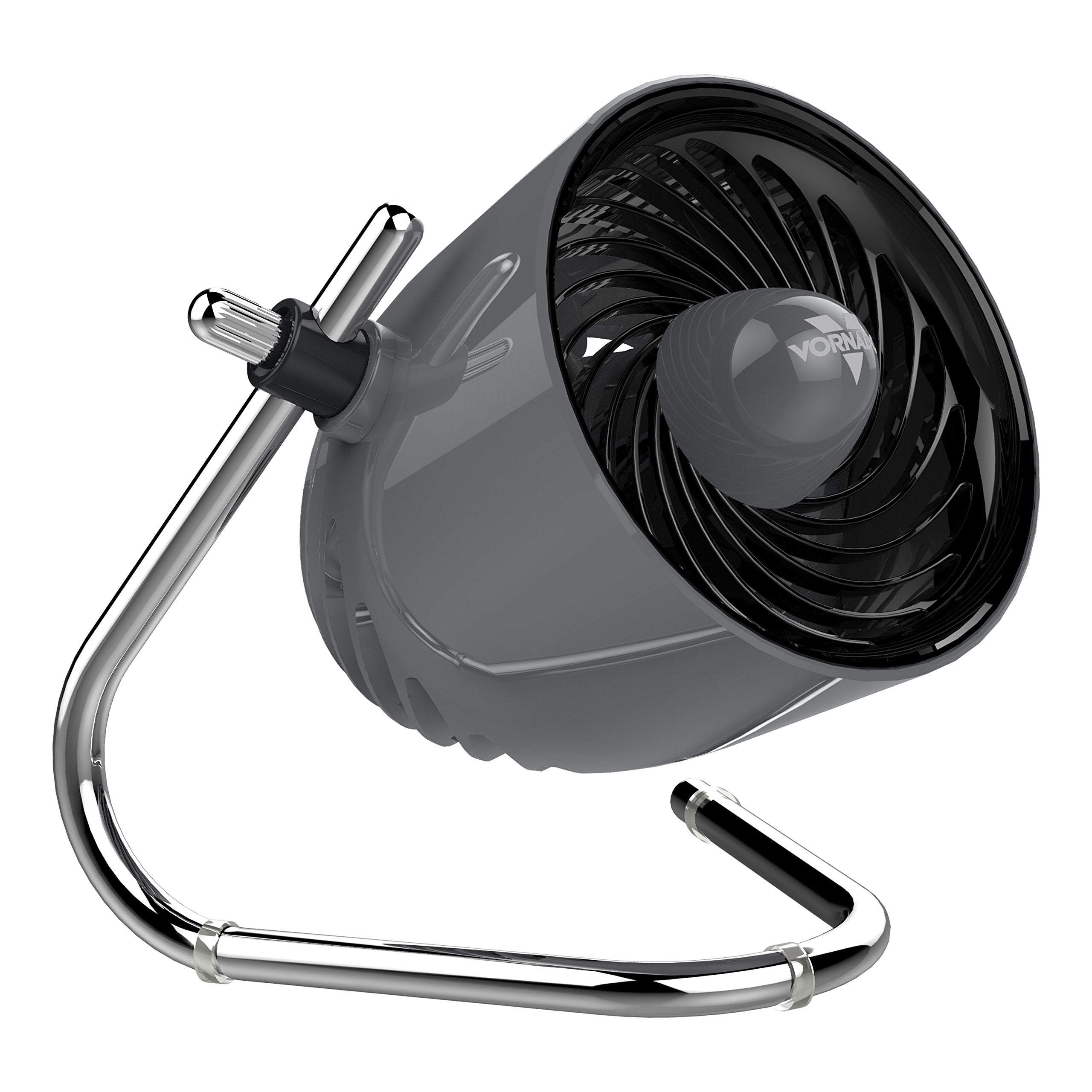 Gray and black fan with a chrome stand on a white background