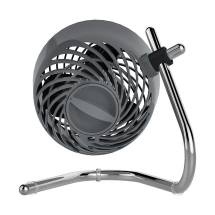 Gray fan with a chrome stand on a white background