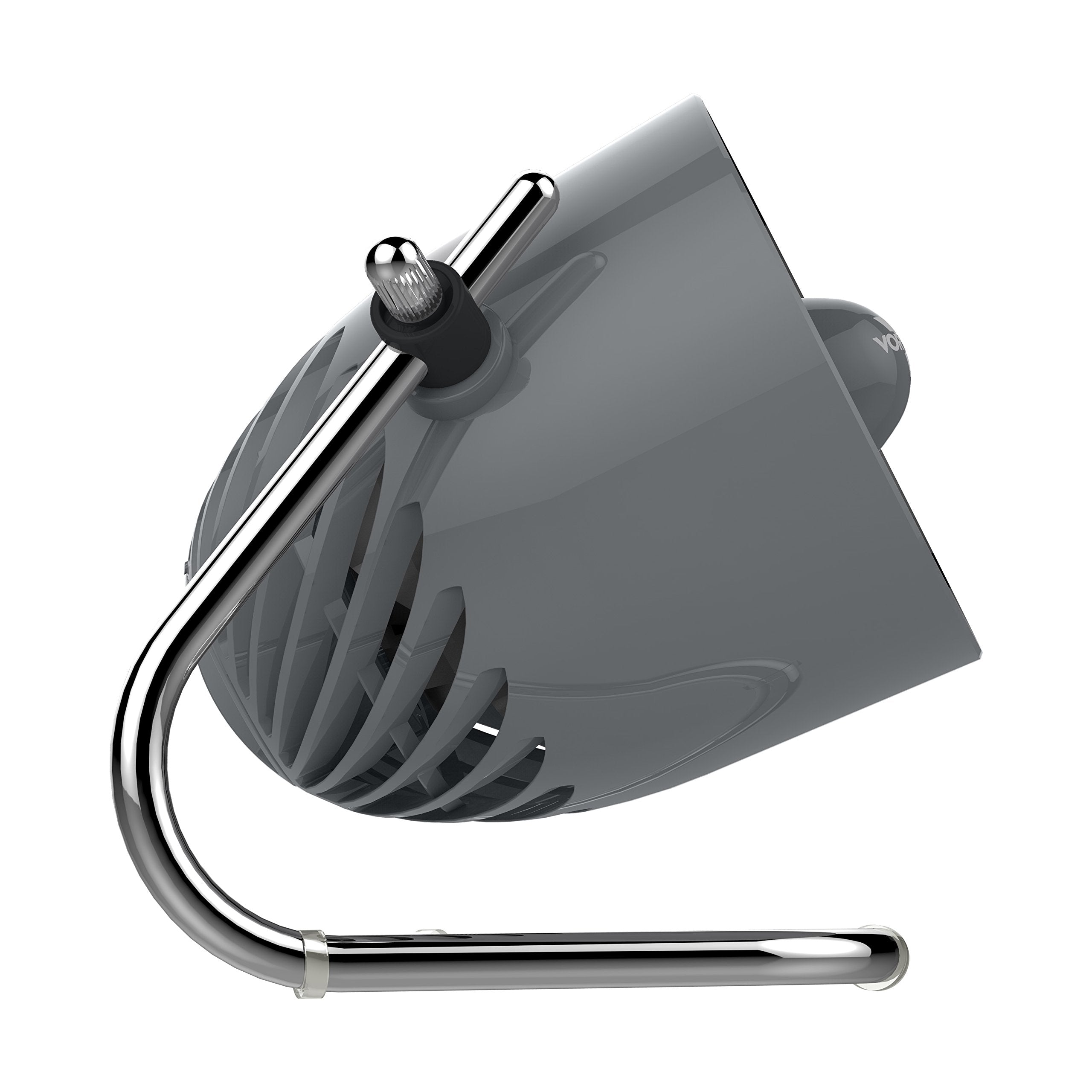 Gray fan with chrome finish on a white background