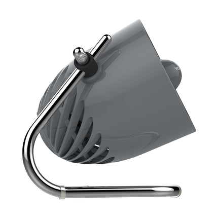 Gray fan with chrome finish on a white background