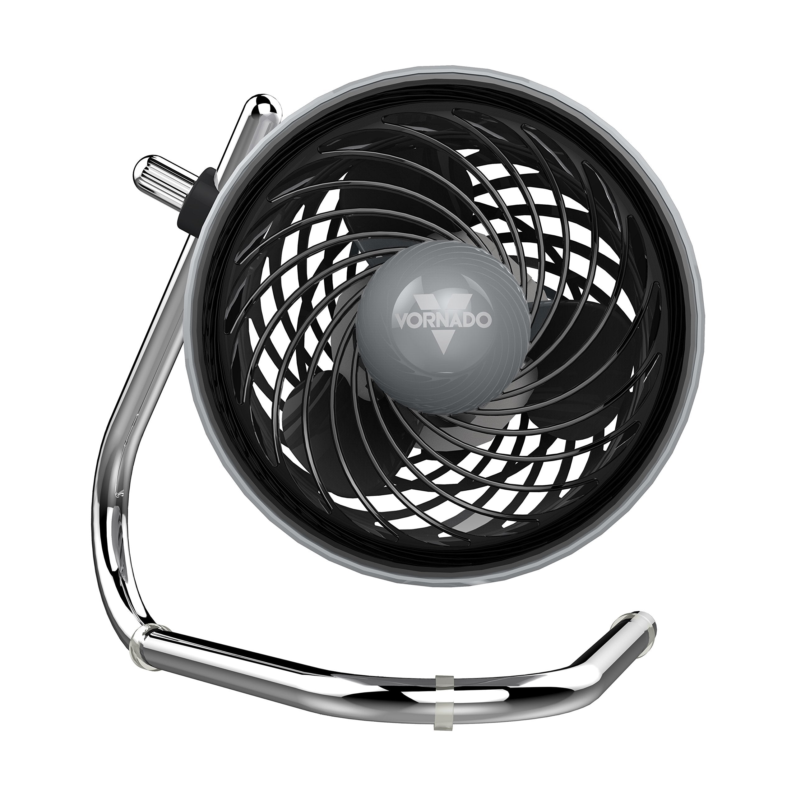 Black and chrome portable fan with 'Vornado' branding on a white background