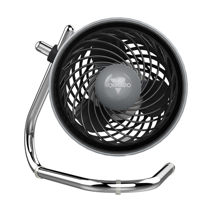 Black and chrome portable fan with 'Vornado' branding on a white background