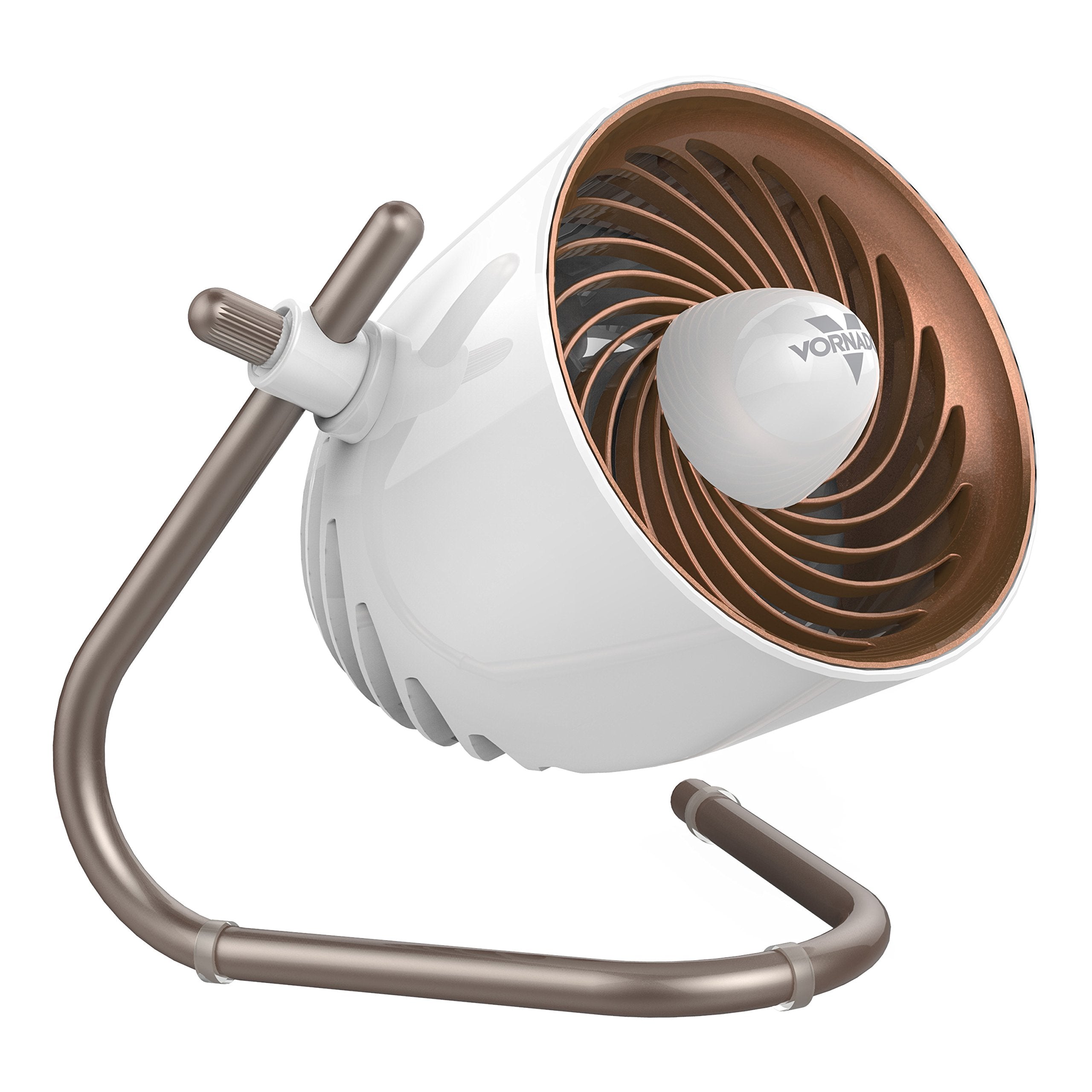 Portable fan with a white body and bronze accents on a white background