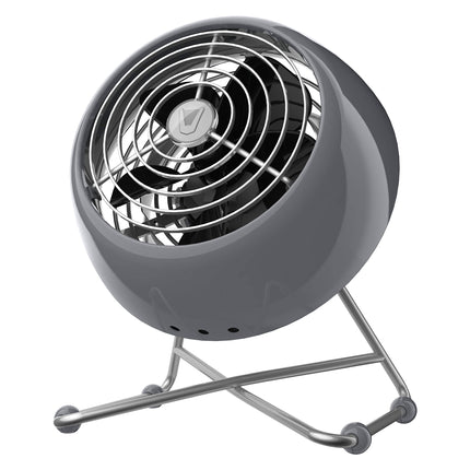 Gray desk fan with chrome accents on a white background