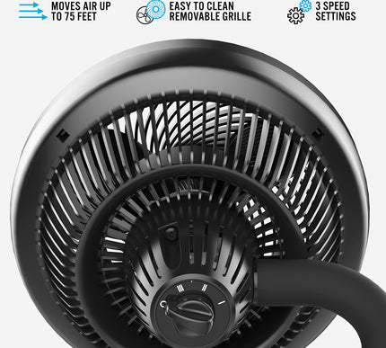 Close-up of a black air circulator fan with features listed on a white background