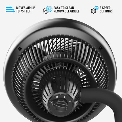 Close-up of a black air circulator fan with features listed on a white background