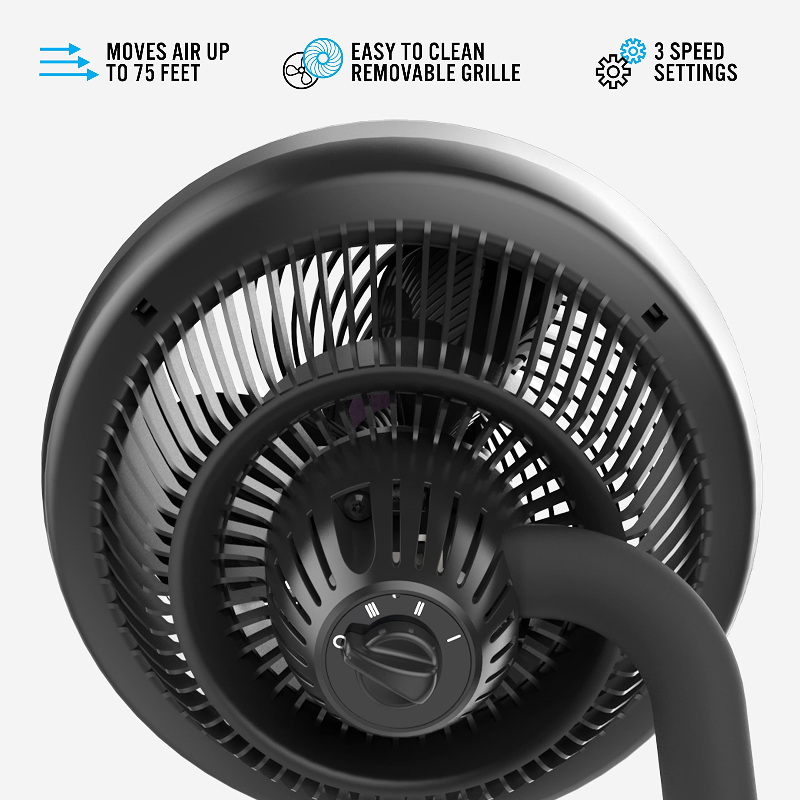 Close-up of a black air circulator fan with features listed on a white background