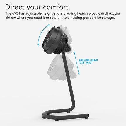 Black pedestal fan with adjustable height and pivoting head on a white background