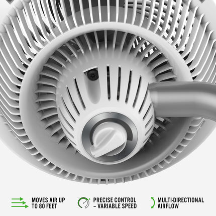 Close-up of a fan with labeled features on a white background