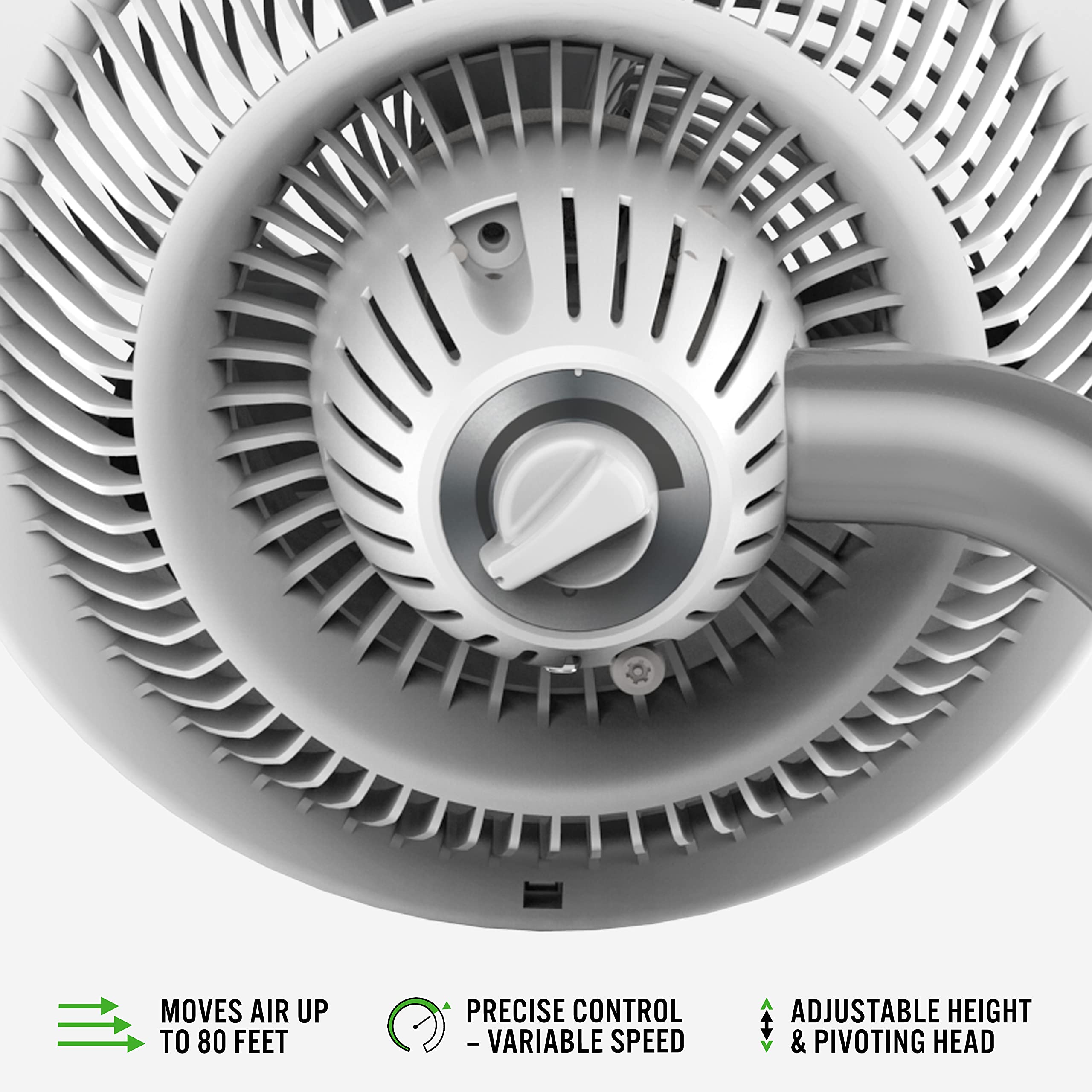 Close-up of a pedestal fan with labeled features on a white background