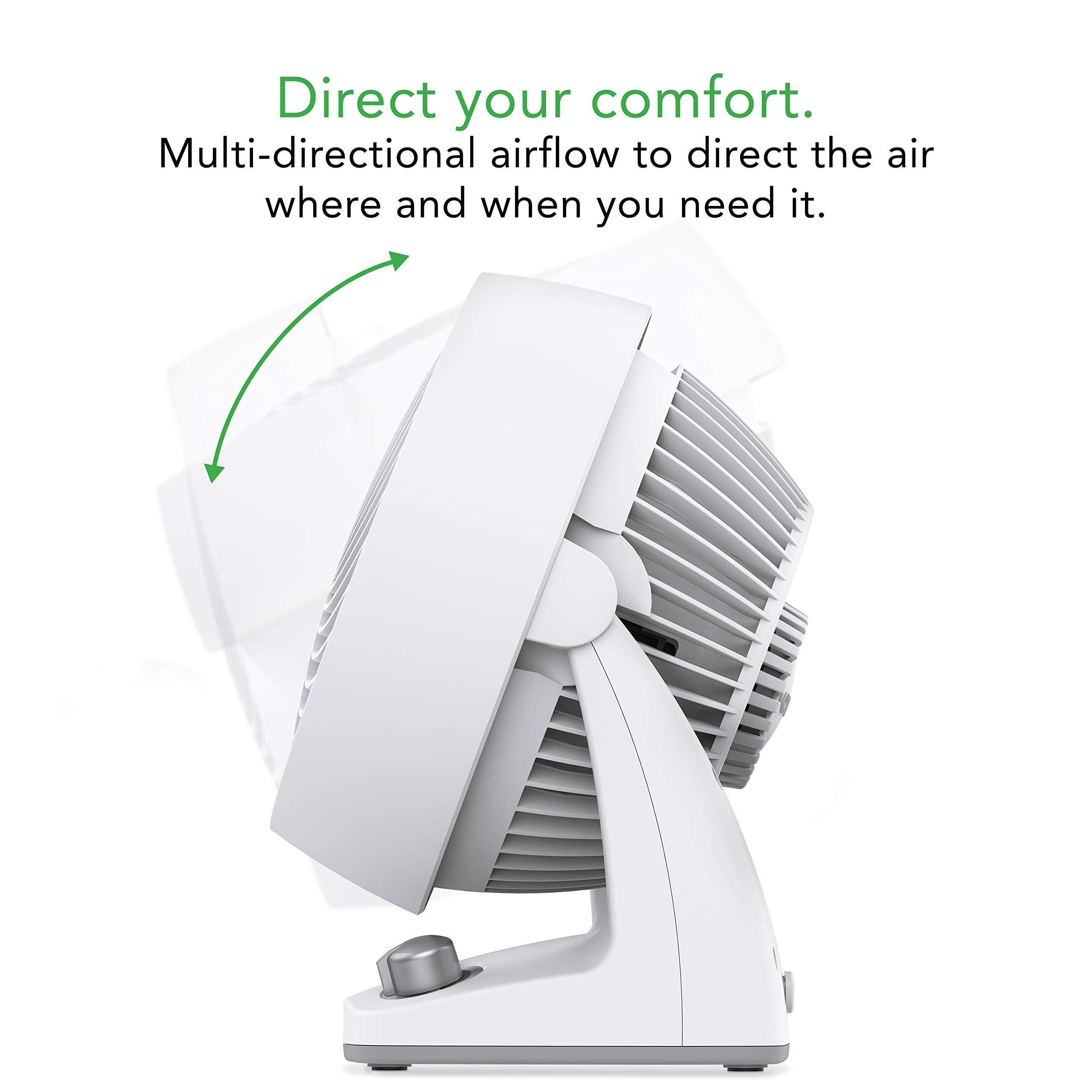 White fan with text about multi-directional airflow on a white background
