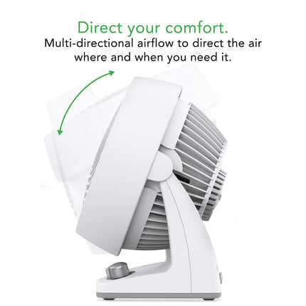 White fan with text about multi-directional airflow on a white background