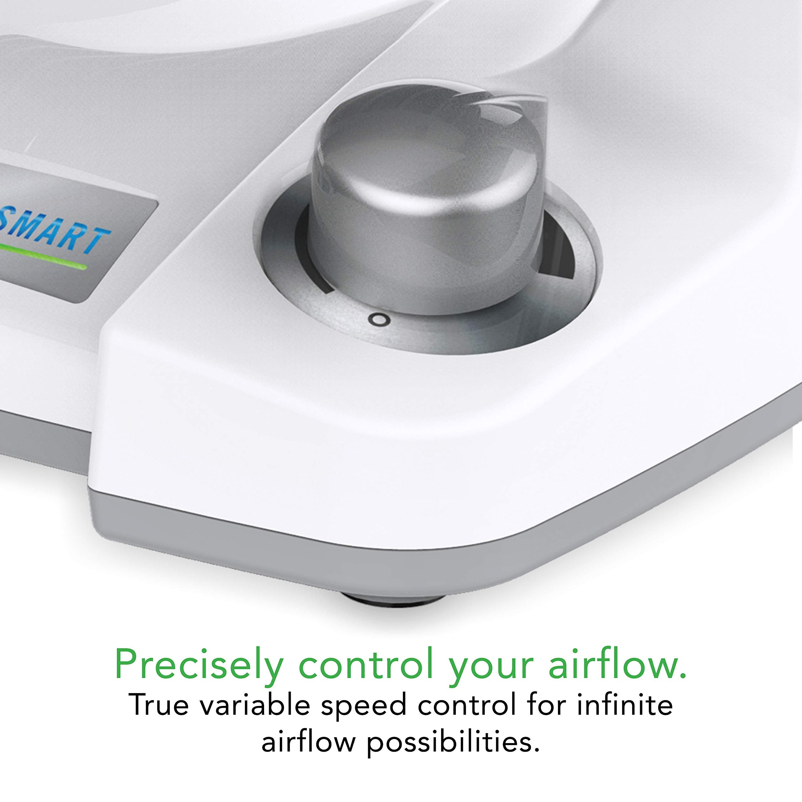 Control knob on a device with 'SMART' branding, featuring text about airflow control.