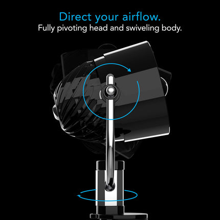 Clip fan on a black background with text saying "Direct your airflow"