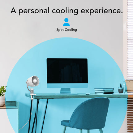 White clip fan on a table in a blue circle