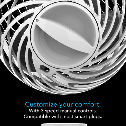 Back of white clip fan with text that reads "Customize your comfort"