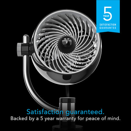 A vornado fan with a warranty message on a black background