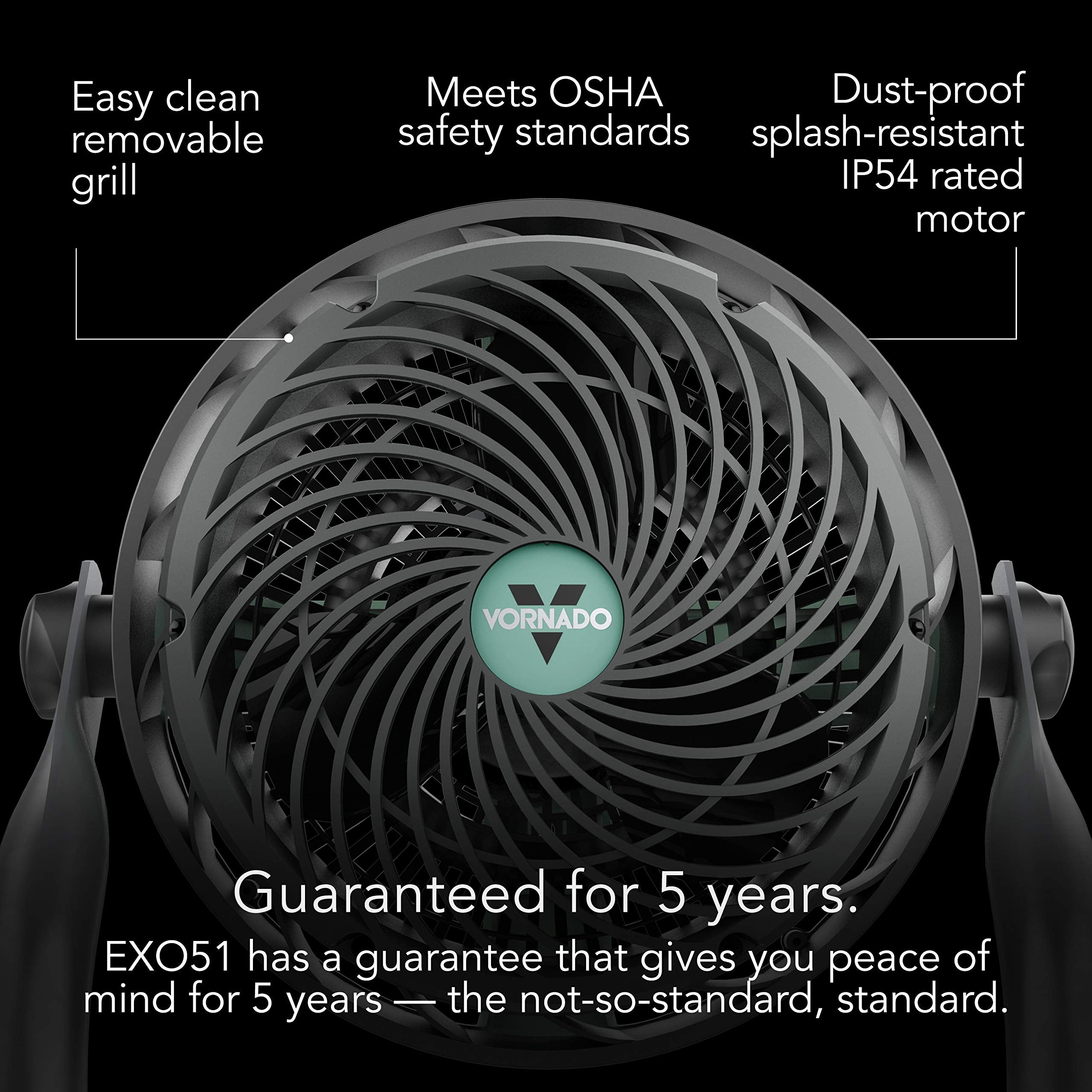 Vornado fan with features highlighted on a black background