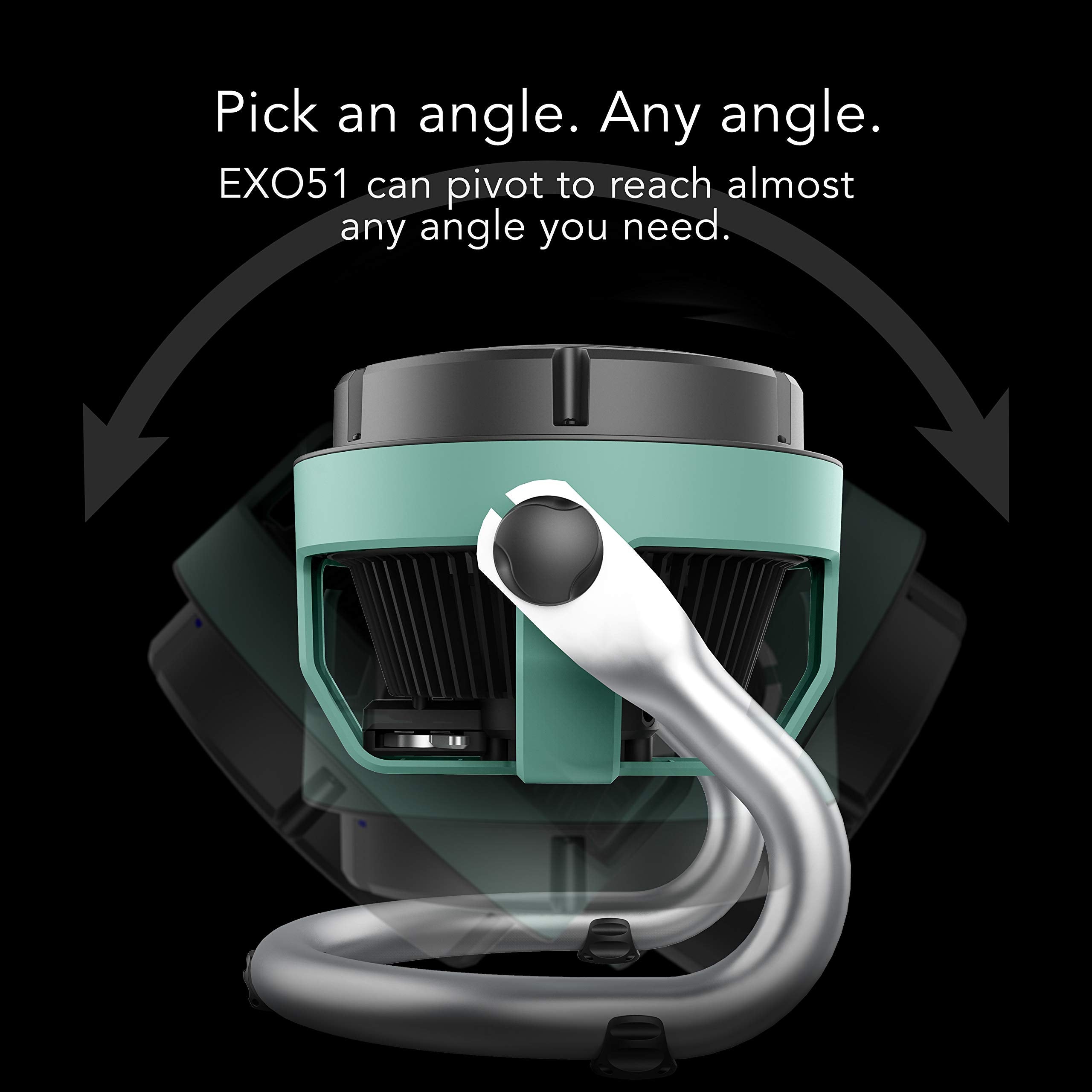 Green and black device with flexible hose, labeled 'EXO51' on a dark background.
