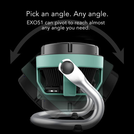 Green and black device with flexible hose, labeled 'EXO51' on a dark background.