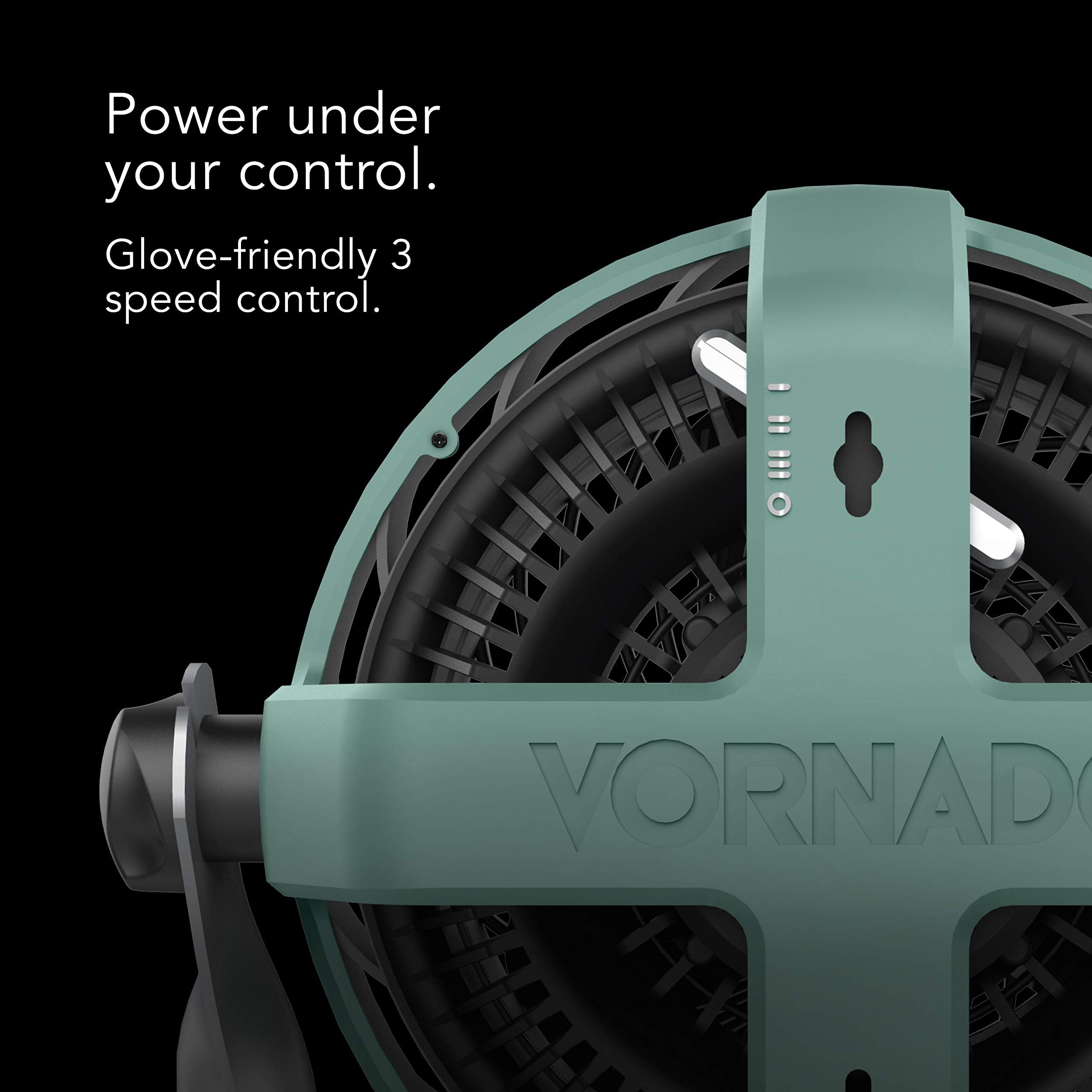 Vornado fan with glove-friendly 3-speed control on a black background