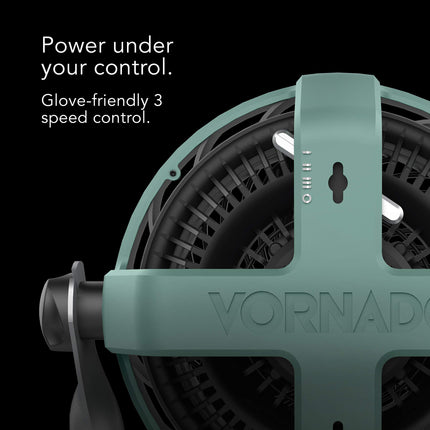 Vornado fan with glove-friendly 3-speed control on a black background