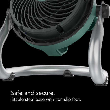 Portable fan with stable steel base on a black background