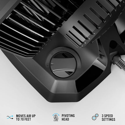 Close-up of a black fan with text indicating features on a white background