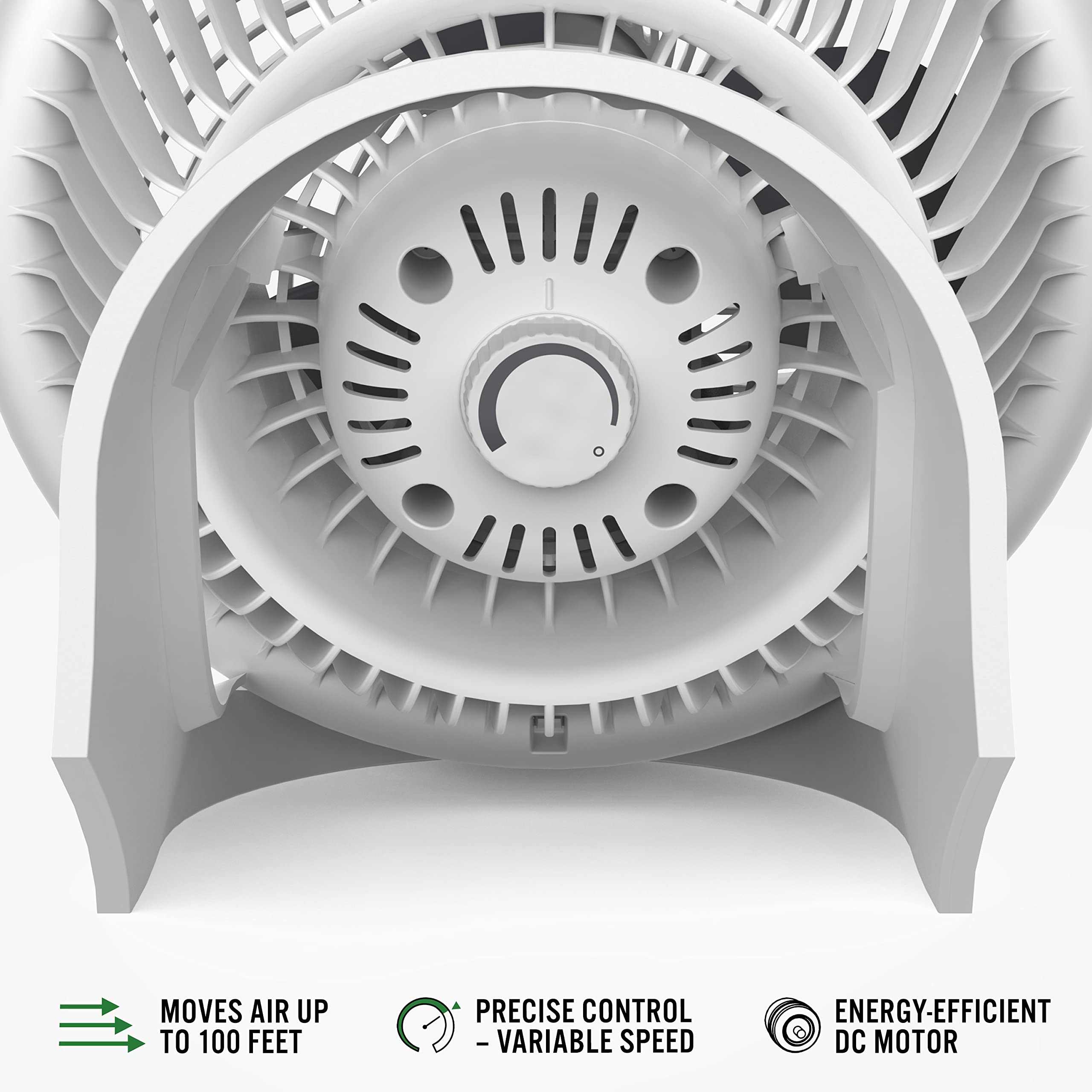 Close-up of a white fan with text highlighting features on a white background